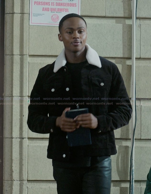 Bakari’s black sherpa collar jacket on The Chi