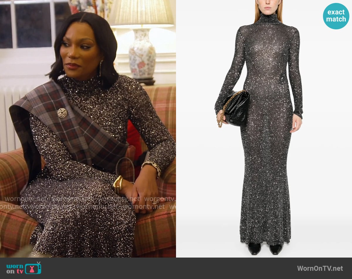 Balenciaga Sparkled high-neck maxi dress worn by Angela Oakley on The Real Housewives of Atlanta