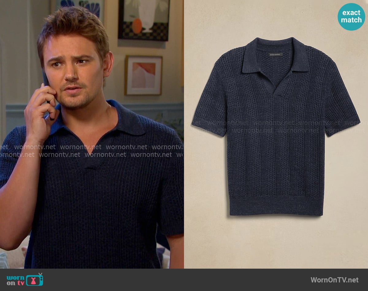 Banana Republic Giorgio Linen-Cotton Sweater Polo in sailor navy blue worn by Johnny DiMera (Carson Boatman) on Days of our Lives