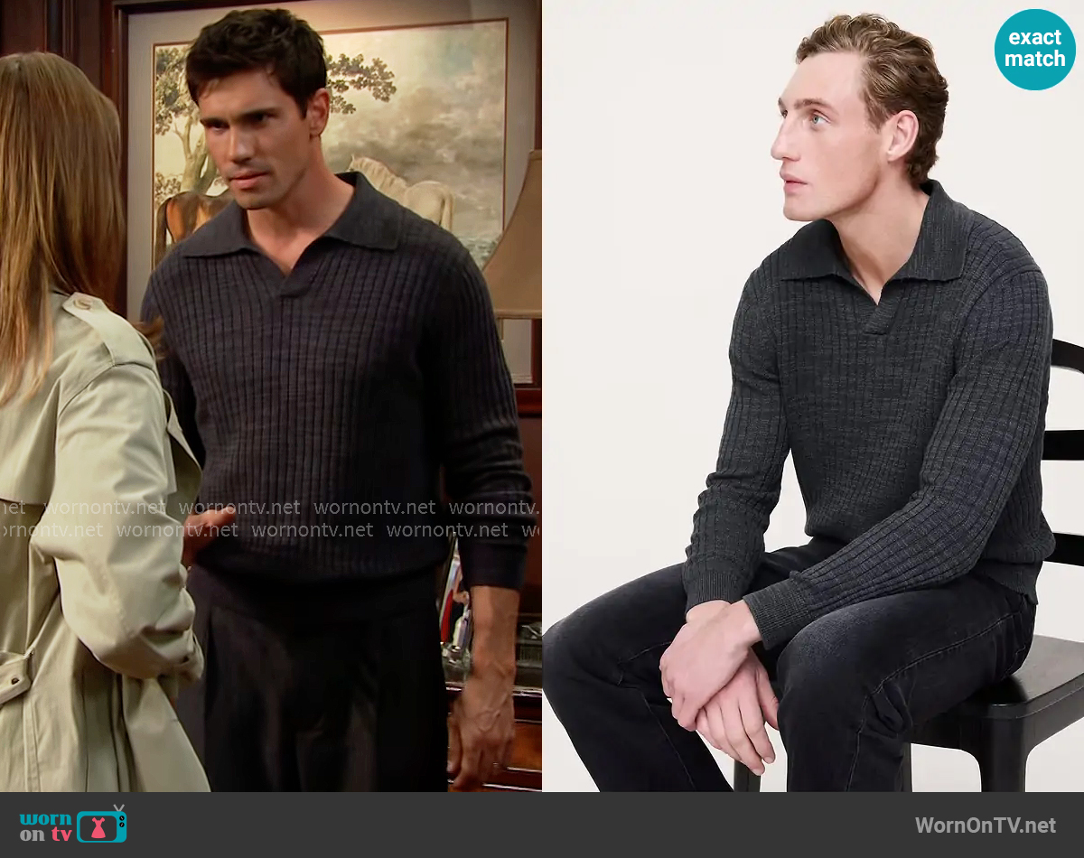 Banana Republic Linen-Cotton Slub Sweater Polo in Washed Black worn by Dr. John Finnegan (Tanner Novlan) on The Bold and the Beautiful