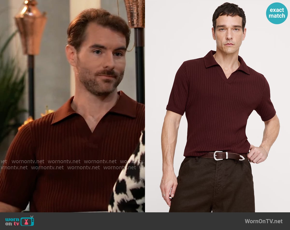 Banana Republic Ribbed Stretch-Cotton Johnny-Collar Polo in Radicchio Burgundy-Brown worn by Ethan Lovett (Christian Howard) on General Hospital