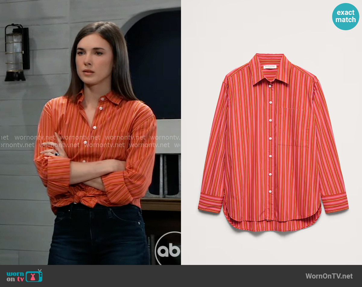 Banana Republic The Oversized Shirt in Cotton Poplin in Pink Stripe worn by Willow Tait (Katelyn MacMullen) on General Hospital