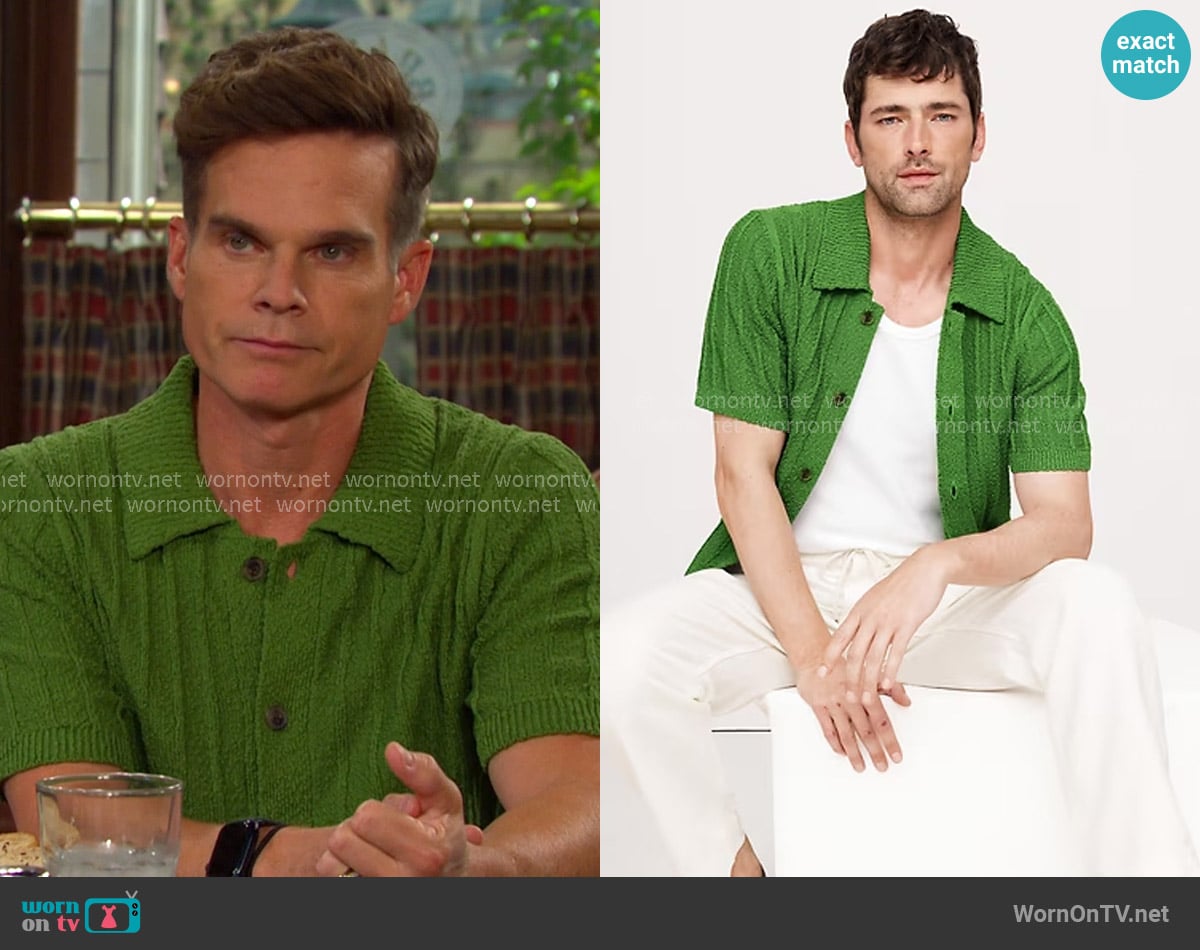 Banana Republic Wide-Ribbed Cotton Knit Shirt in Scenic Trail Green worn by Leo Stark (Greg Rikaart) on Days of our Lives