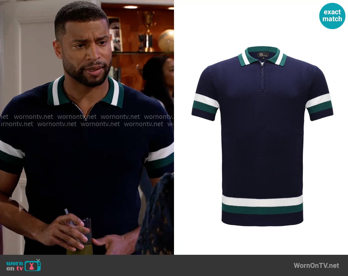 Barocco Heritage Stripe Knit Polo in Navy worn by Martin Richardson (Brandon Claybon) on Beyond the Gates