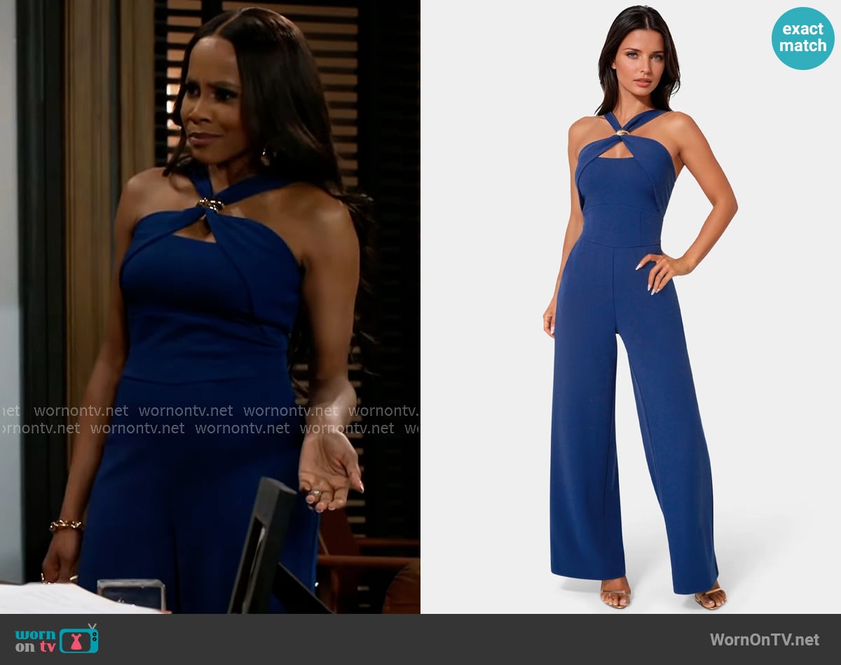 Bebe Knit Crepe Twist Wide Leg Jumpsuit in Blue Intention worn by Hayley Lawson (Marquita Goings) on Beyond the Gates