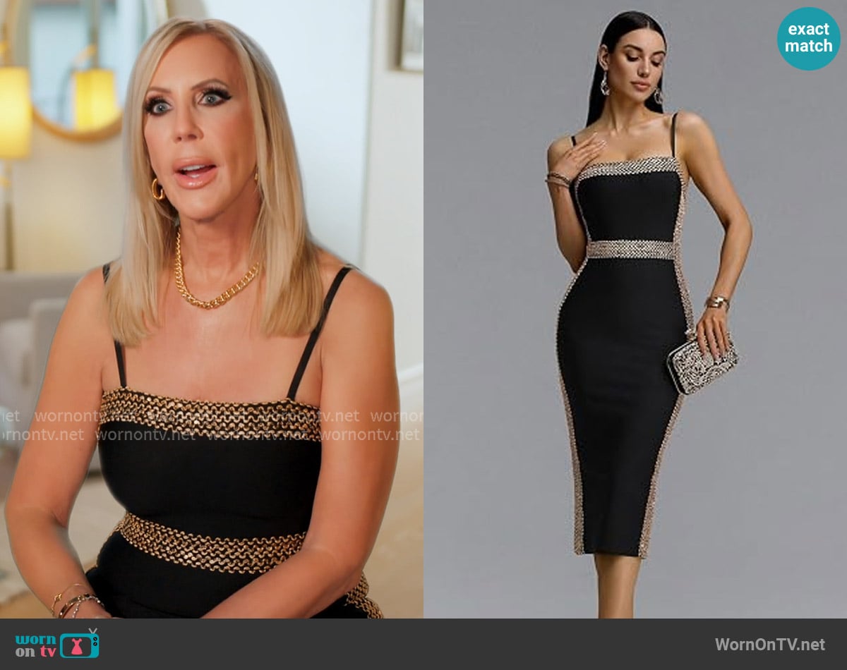 Bella Barnett Black Gold Trim Dress worn by Vicki Gunvalson on The Real Housewives of Orange County