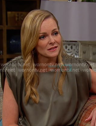 Belle’s green gathered shoulder satin dress on Days of our Lives