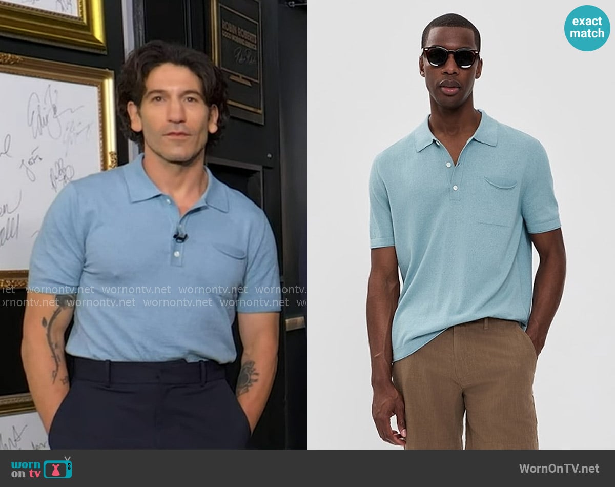 Billy Reid Cotton Linen Sweater Polo in Sky Blue worn by Jon Bernthal on Good Morning America