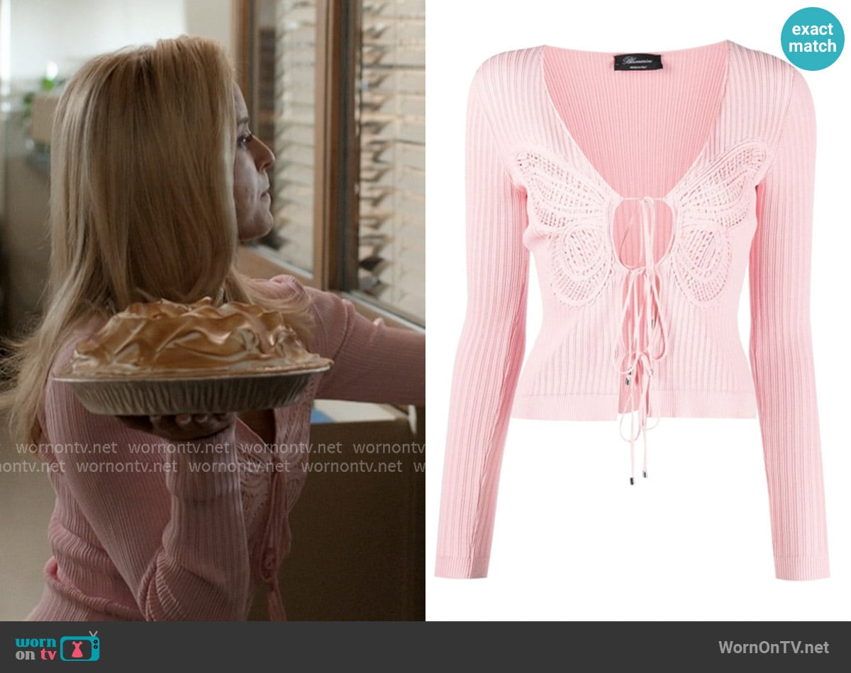 Blumarine Butterfly Embroidery Ribbed Cardigan In Pink worn by Elle Woods (Lexi Minetree) on Elle
