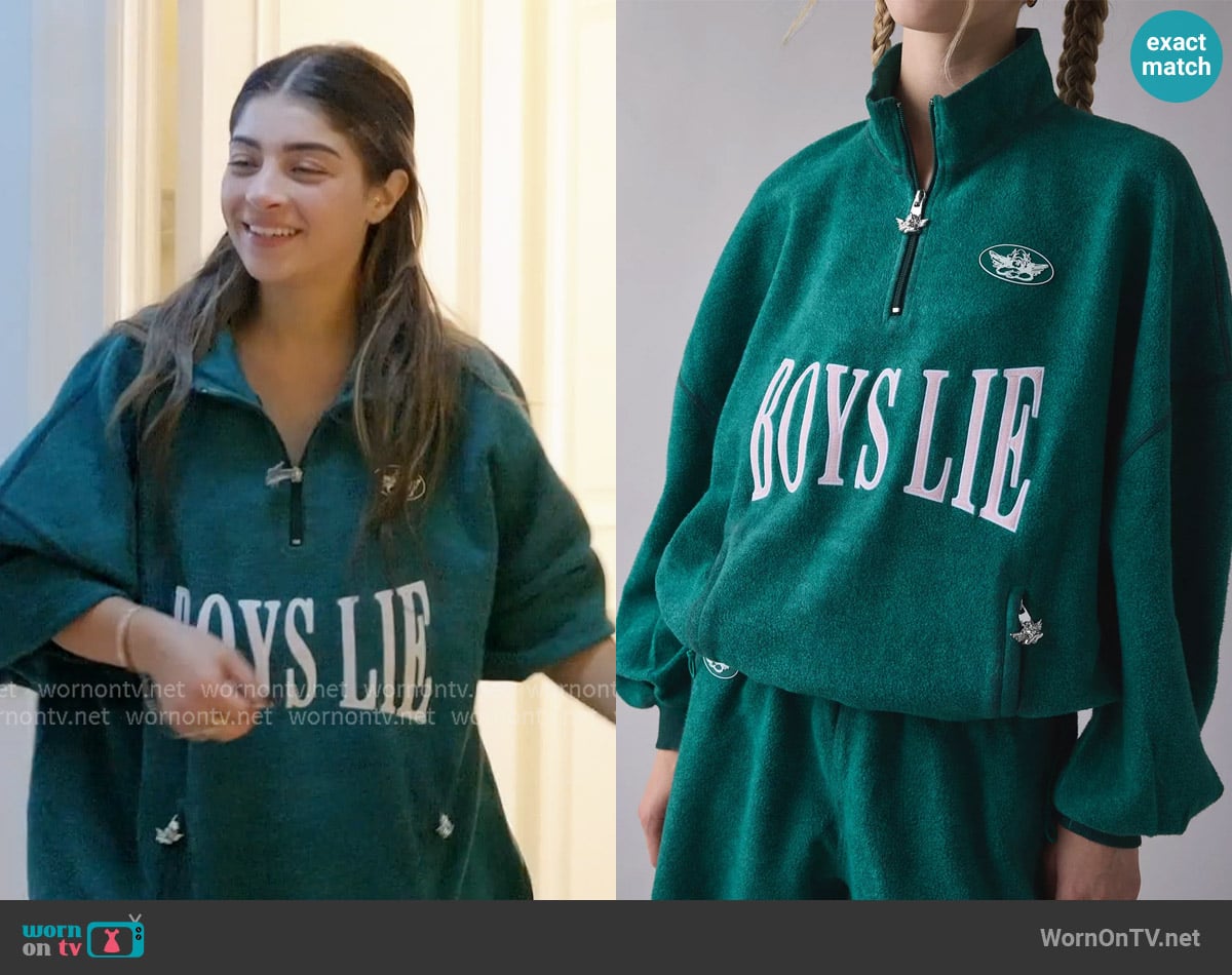 Boys Lie A1 Green Envy Graphic Quarter Zip Pullover worn by Gia Giudice on Next Gen NYC