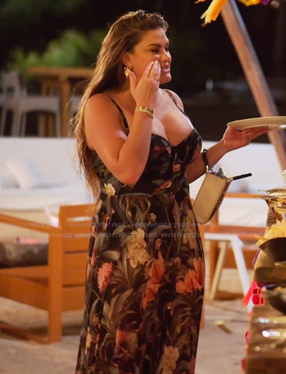 Brittany’s black floral print maxi dress on The Valley