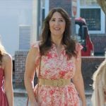 Brooke’s floral dress, raffia belt, and red bag on The Five Star Weekend