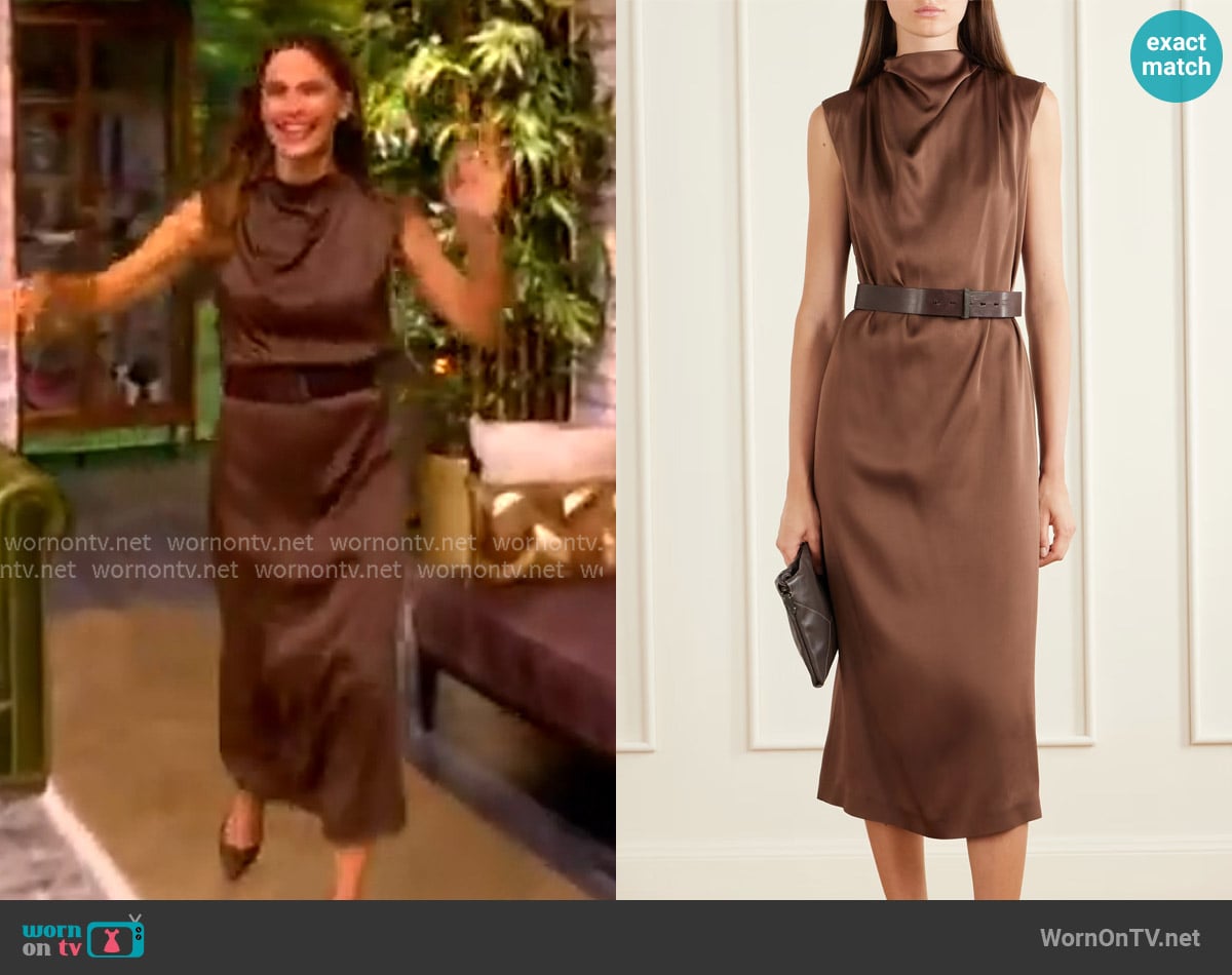 Brunello Cucinelli Belted satin midi dress worn by Jennifer Garner on The View