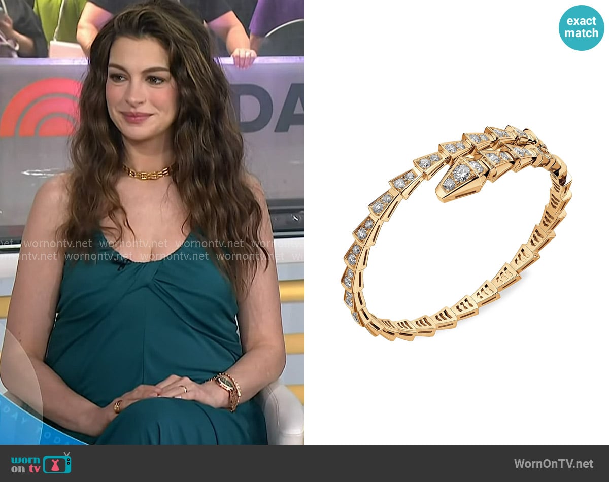 by Bvlgari Serpenti Viper 18K Yellow Gold & 3.04 TCW Diamond Wrap Bangle Bracelet worn by Anne Hathaway on Today