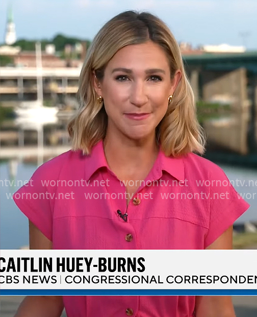 Caitlin Huey-Burns’ pink cotton gauze shirtdress on CBS Mornings