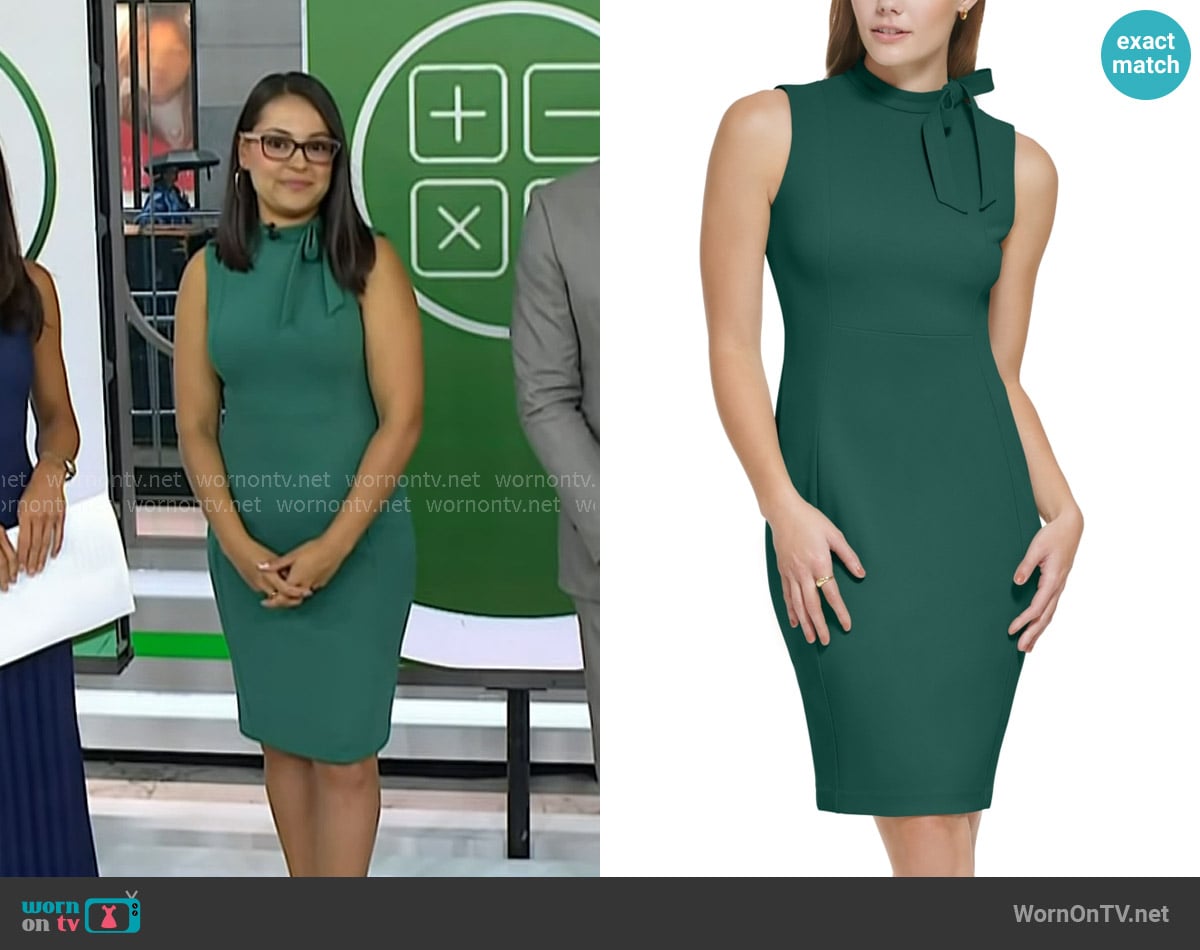 Calvin Klein Tie-neck Sleeveless Bodycon Dress in Sequoia worn by Yanely Espinal on Today
