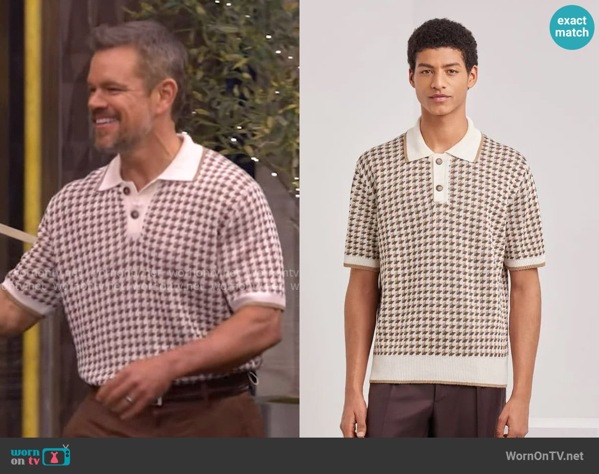 Canali Beige short-sleeved linen and silk jacquard polo shirt with houndstooth pattern worn by Matt Damon on Live with Kelly and Mark