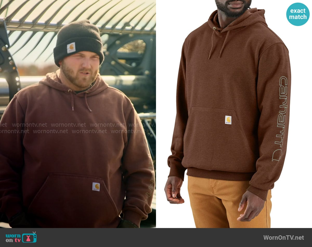 Carhartt Iconic K288 Logo Sweatshirt in Mocha Heather worn by Cole McBee on The McBee Dynasty Real American Cowboys