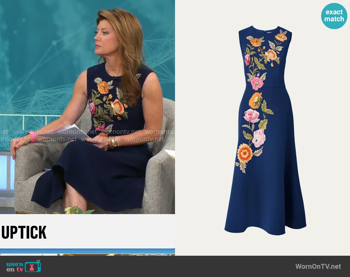 Carolina Herrera Floral Embroidered Sleeveless Midi Dress worn by Norah O'Donnell on CBS Mornings
