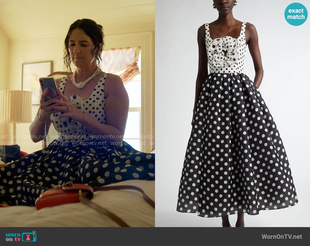 Carolina Herrera Rosette Polka Dot Fit & Flare Silk Midi Dress worn by  Brooke Kirtley (D'Arcy Carden) on The Five Star Weekend