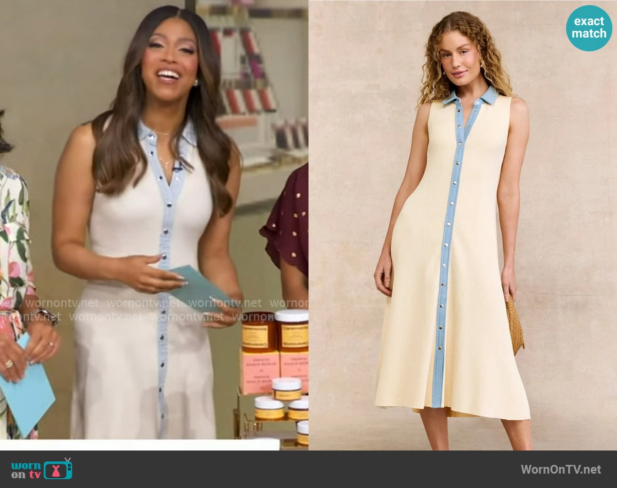 Cece Denim Collar Placket Rib Dress worn by Morgan Norwood on Good Morning America