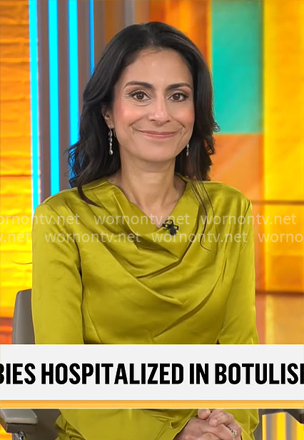 Celine Gounder’s chartreuse cowl neck dress on CBS Mornings