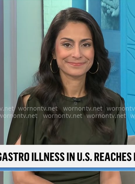 Celine Gounder's green flutter sleeve top on CBS Mornings