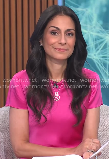 Celine Gounder’s pink satin midi dress on CBS Mornings
