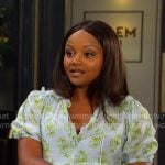 Chanel’s blue floral tie neck mini dress on Days of our Lives