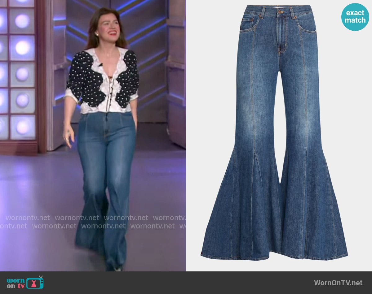 Chloe High-Rise Godet Flare Denim Trousers worn by Kelly Clarkson on The Kelly Clarkson Show