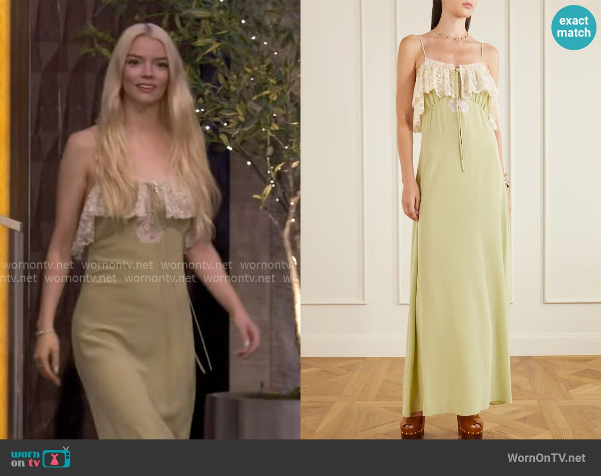 Chloe Lace-Ruffle Silk Crepe De Chine Maxi Slip Dress worn by Anya Taylor-Joy on Live with Kelly and Mark