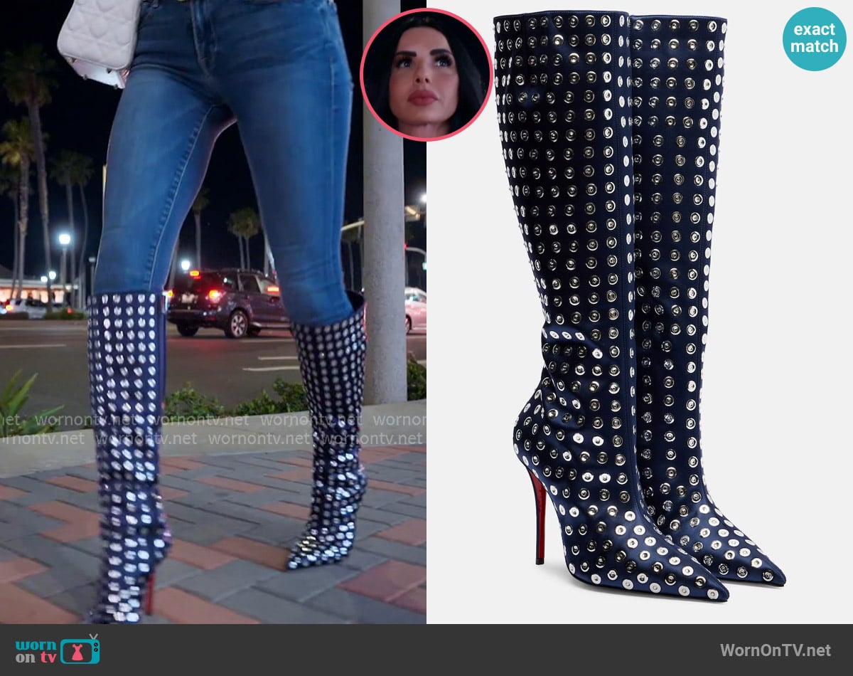 Christian Louboutin Miss Z 100 embellished satin knee-high boots worn by Carmella Garcia on The Real Housewives of Orange County