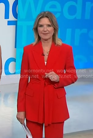 Christine Romans’ red tie waist blazer and pants on NBC News Daily