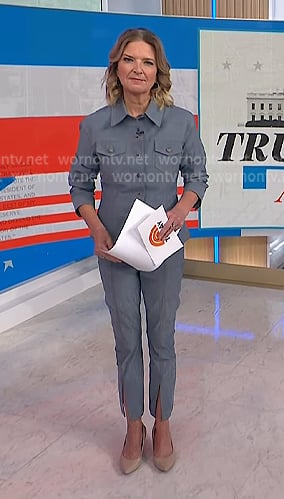 Christine Romans’s grey denim shirt and front slit pants on NBC News Daily