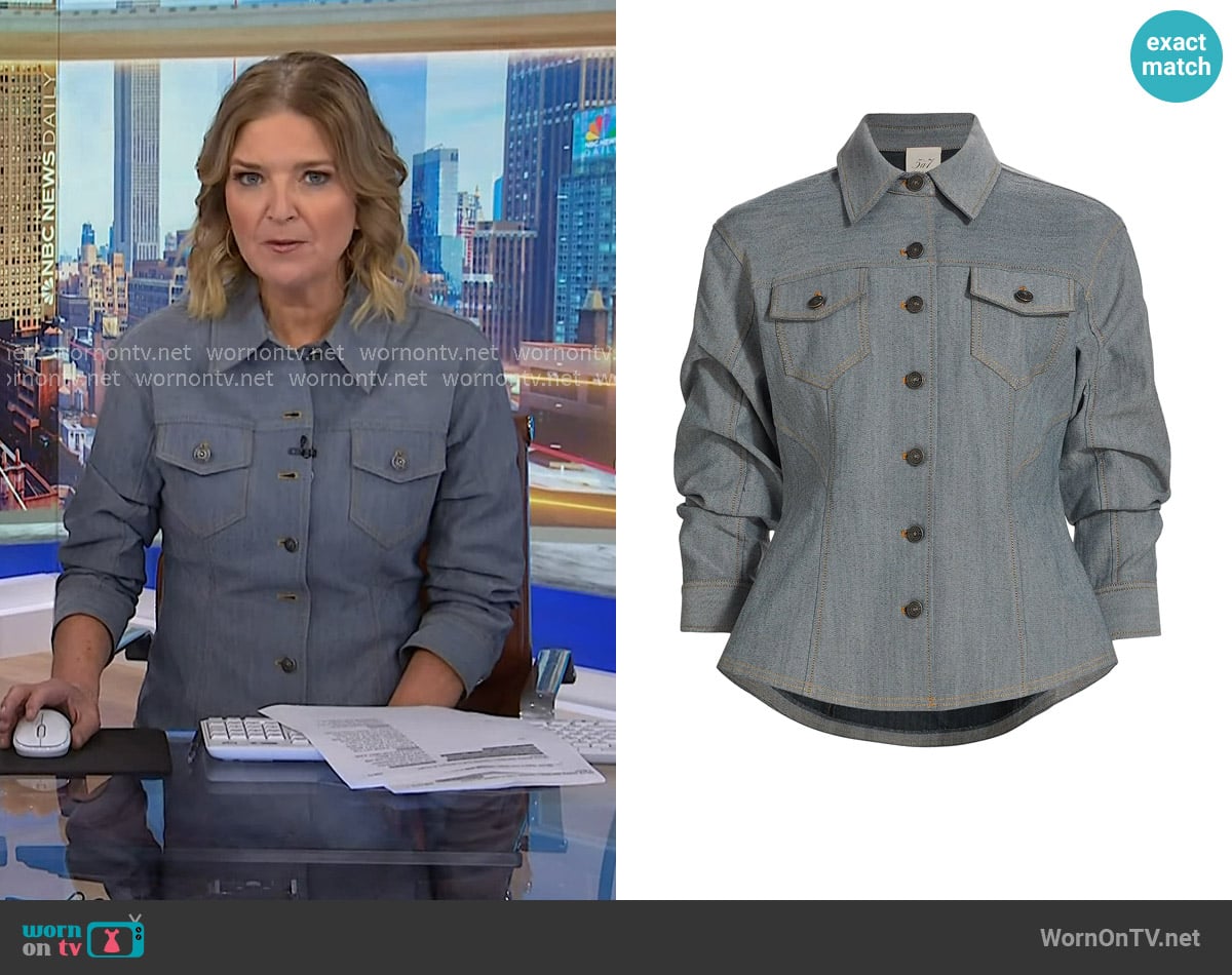 Cinq a Sept Canyon Scrunched-Sleeve Denim Jacket in Light Indigo worn by Christine Romans on NBC News Daily