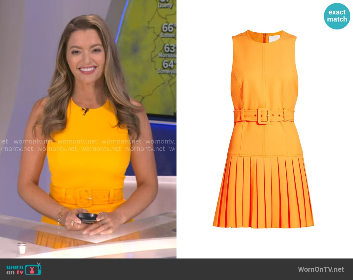 Cinq a Sept Charolette Crêpe Belted Minidress in Papaya worn by Dani Beckstrom on Good Morning America