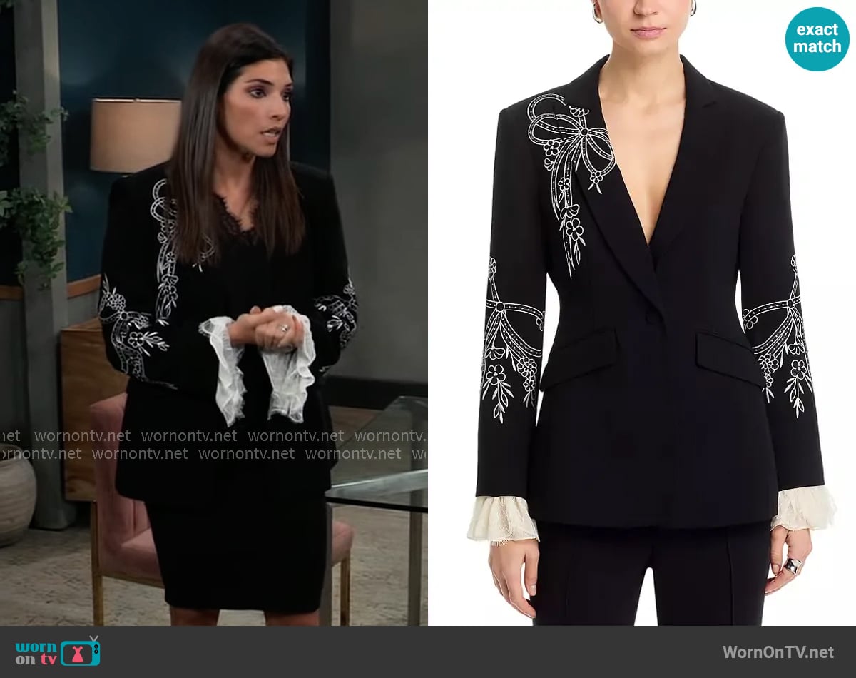 Cinq a Sept Cheyenne Embroidered Cascading Ribbon Blazer worn by Brook Lynn Quartermaine (Amanda Setton) on General Hospital