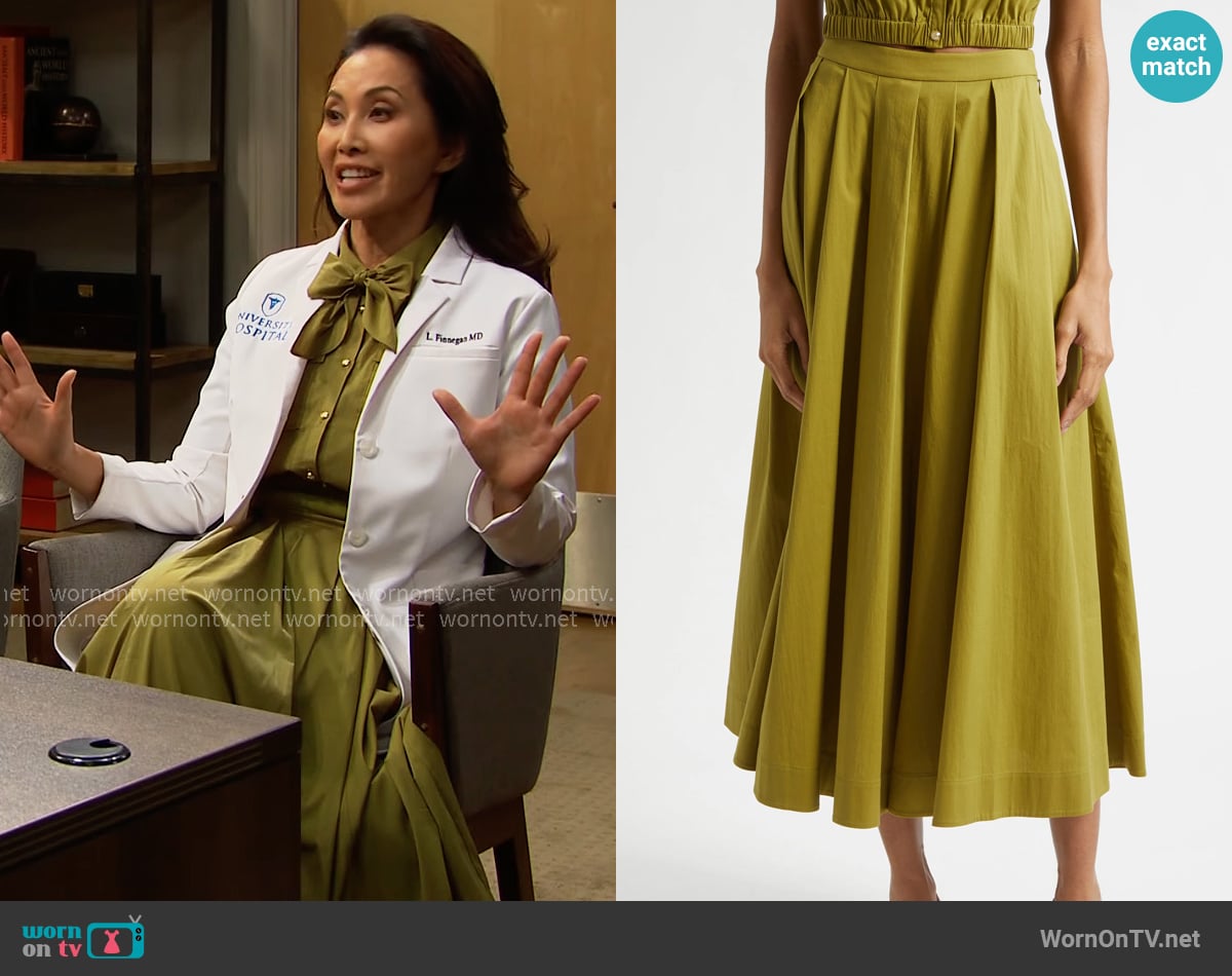 Cinq a Sept Doran Skirt in Dark Cardamom worn by Li Finnegan (Naomi Matsuda) on The Bold and the Beautiful