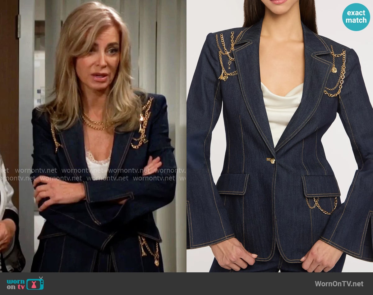 Cinq a Sept Love Token Danika Chain Denim Blazer worn by Ashley Abbott (Eileen Davidson) on The Young and the Restless