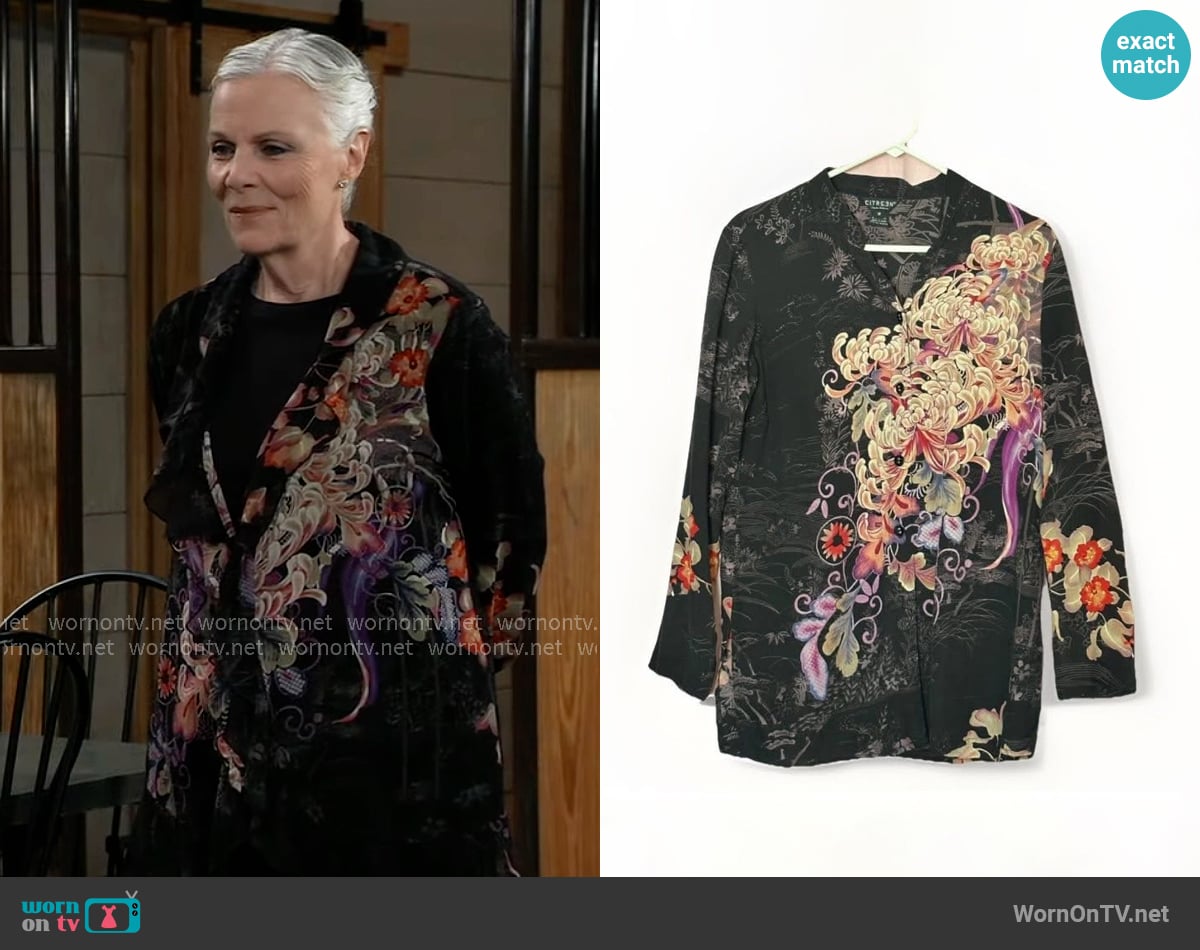 Citron Floral Dragon Art Silk Blouse worn by Tracy Quartermaine (Jane Elliot) on General Hospital