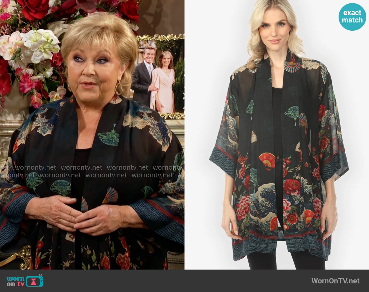 Citron Waves Fans Flowers Black Kimono Jacket worn by Traci Abbott (Beth Maitland) on The Young and the Restless
