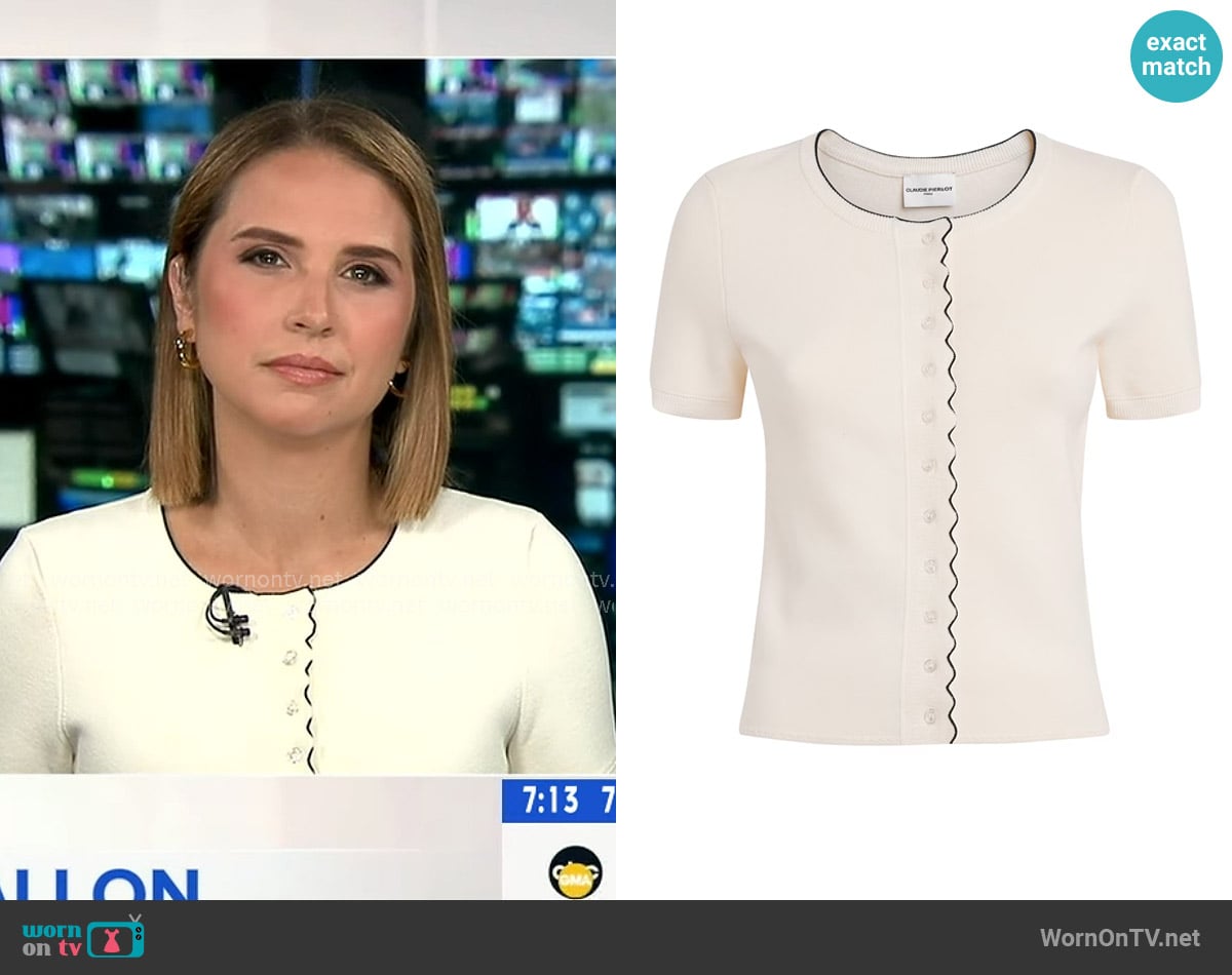 Claudie Pierlot Contrast-Knit Cardigan in Ecru worn by Elizabeth Schulze on Good Morning America