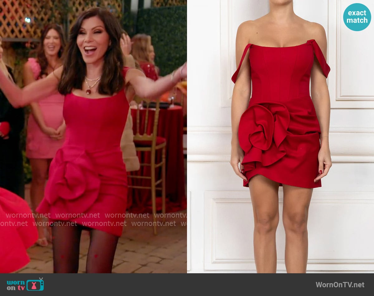Cliche Reborn Sculptural Rose Mini Dress in Red worn by Heather Dubrow on The Real Housewives of Orange County
