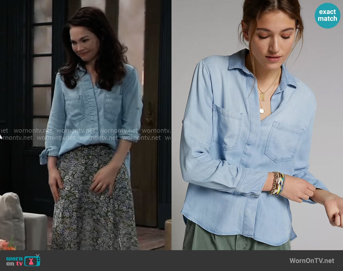 Cloth & Stone Lori Chambray Buttondown worn by Elizabeth Webber (Rebecca Herbst) on General Hospital