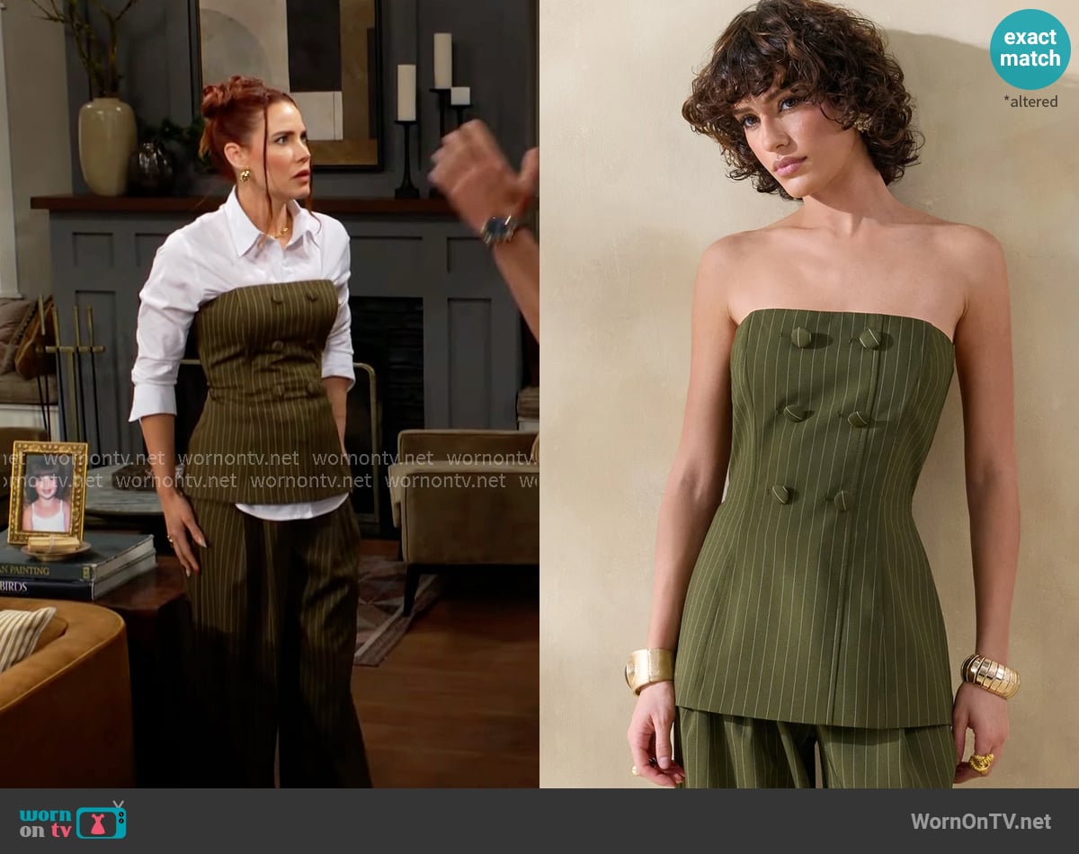 Club L London Fable Olive Pinstripe Bandeau Tailored-Top worn by Sally Spectra (Courtney Hope) on The Young and the Restless
