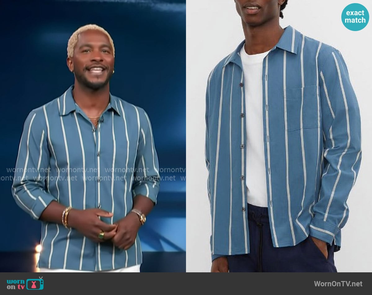 Club Monaco Blue Striped Shirt worn by Scott Evans on Access Hollywood