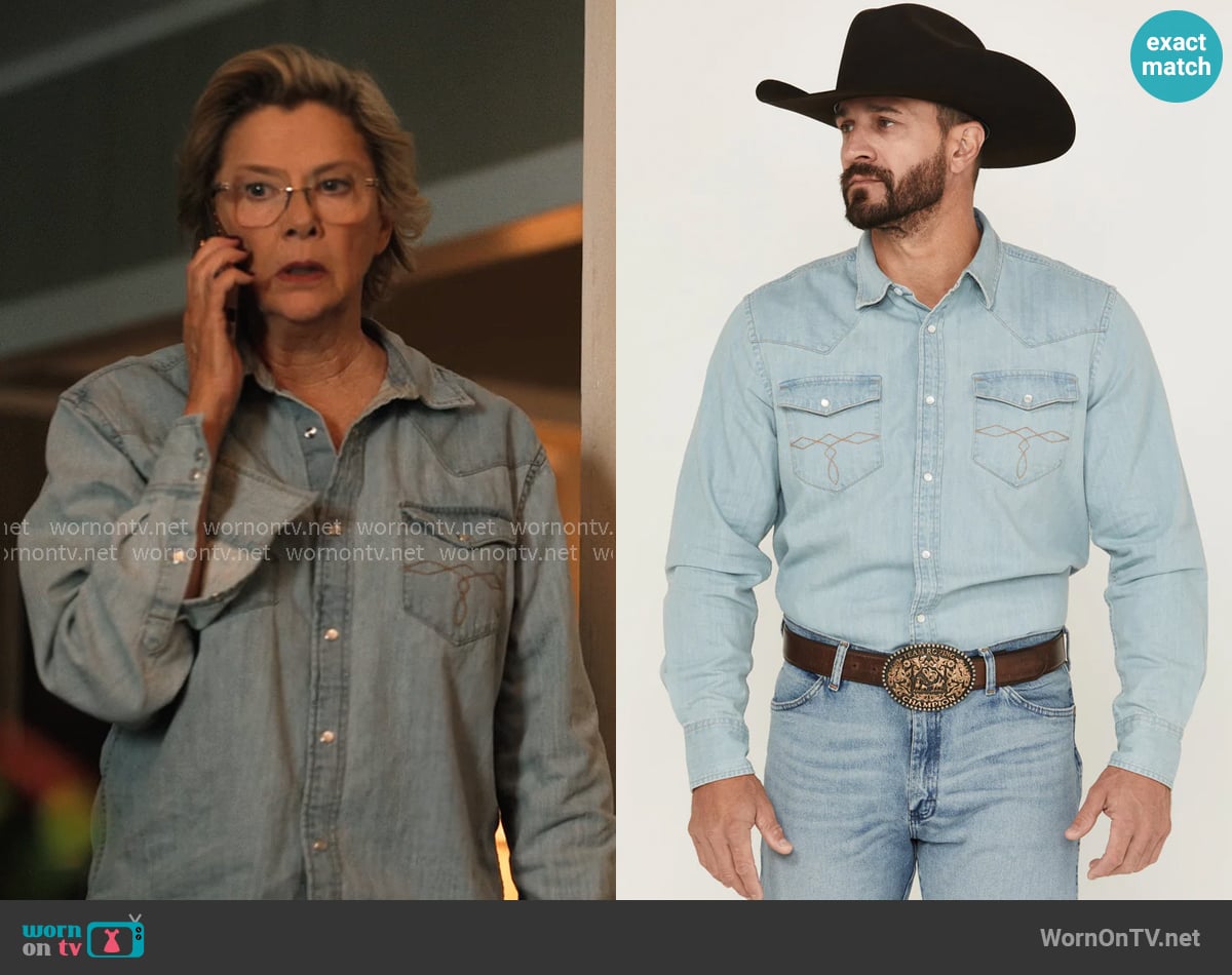 Cody James Men's Frosty Light Wash Snap Denim Western Shirt worn by Beulah Jackson (Annette Bening) on Dutton Ranch