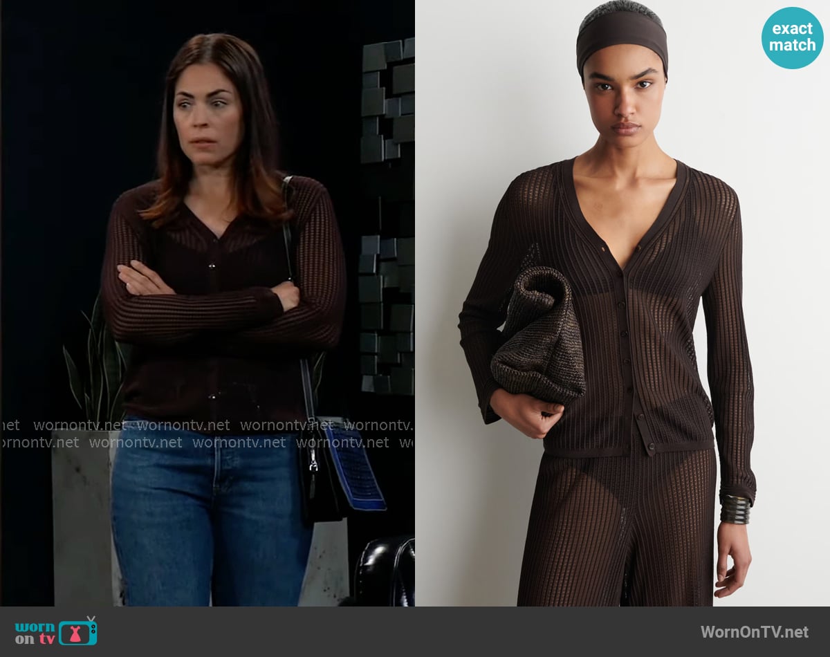Cos Ribbed Open Knit Cardigan worn by Britt Westbourne (Kelly Thiebaud) on General Hospital
