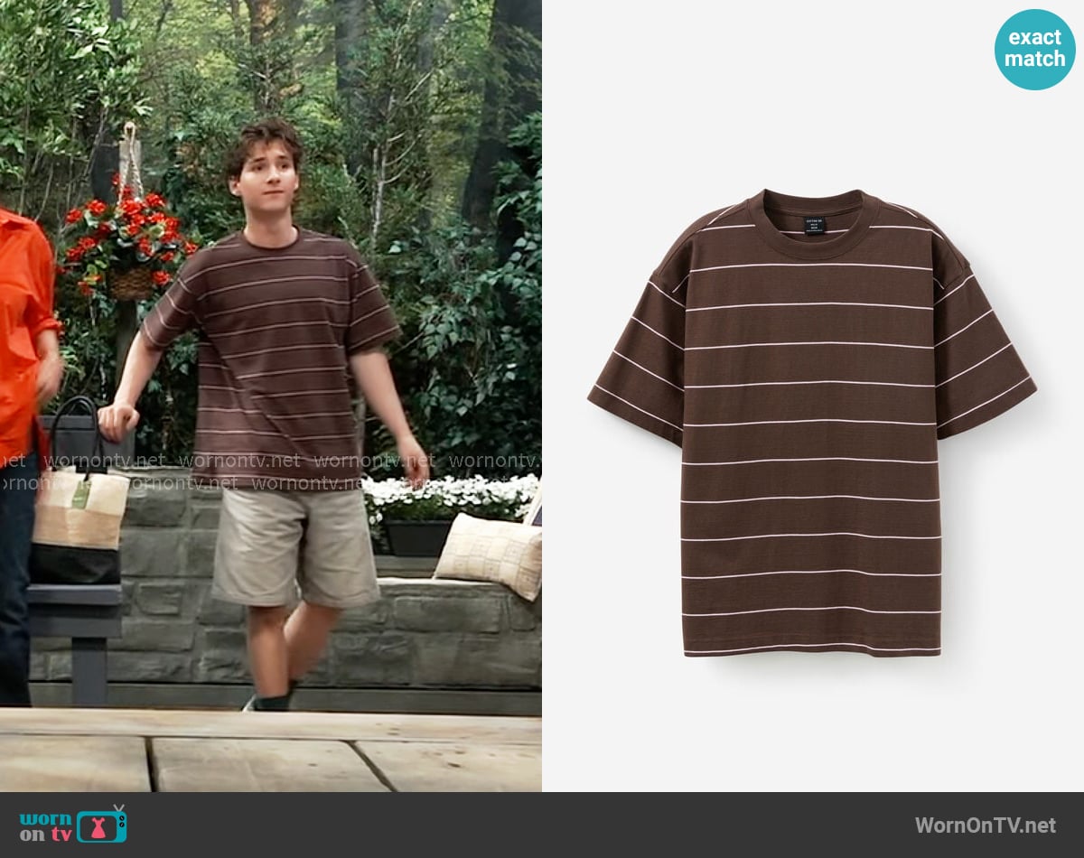 Cotton On Box Fit T-Shirt in washed chocolate / corsage stripe worn by Rocco Falconeri (Finn Francis Carr) on General Hospital