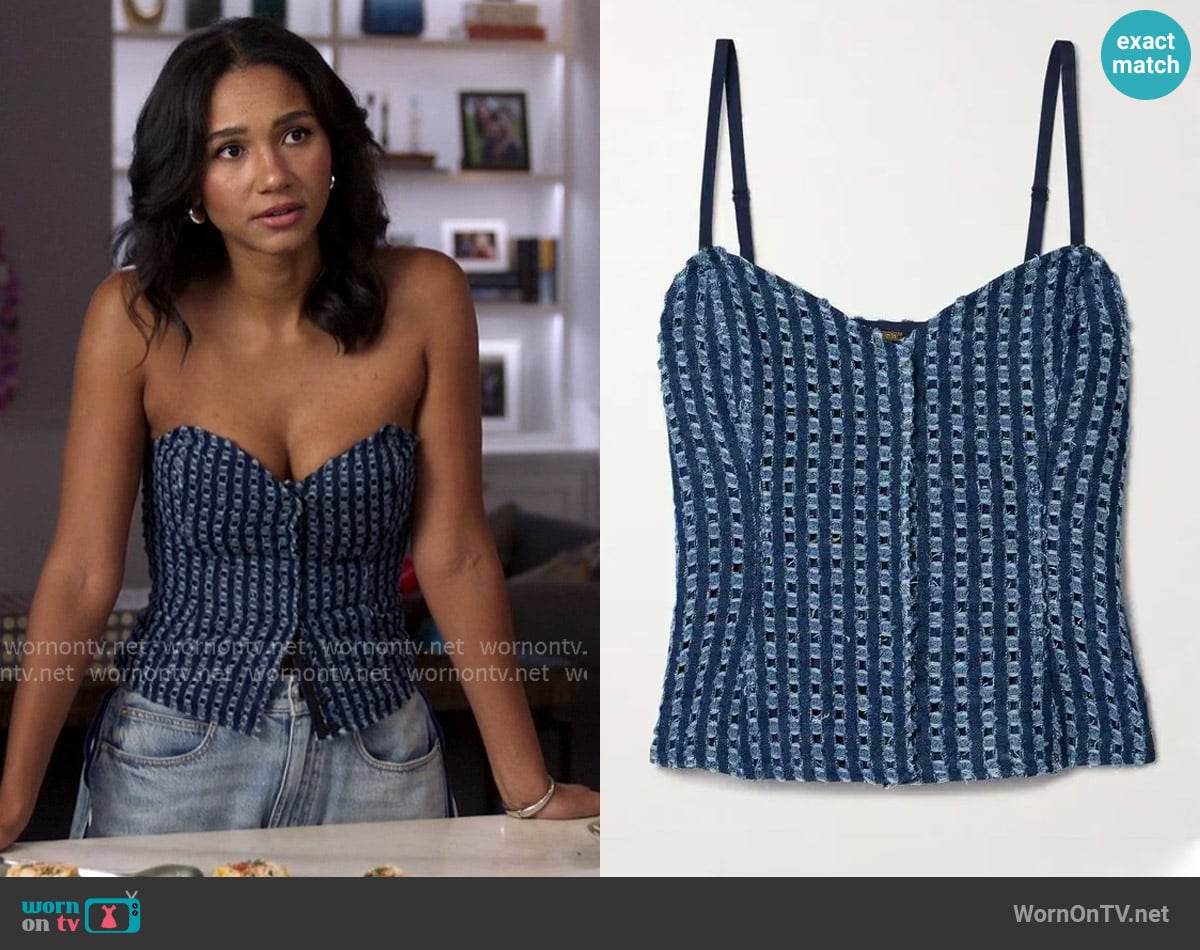 Cult Gaia Aurelia cutout distressed denim camisole worn by Layla Keating (Greta Onieogou) on All American